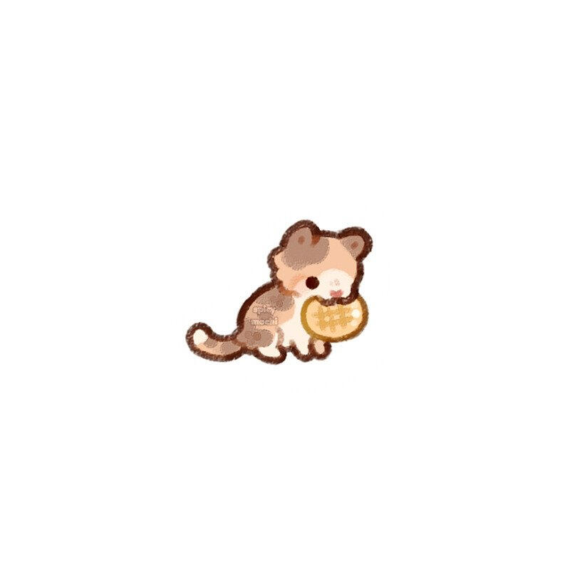 Illustration of a tiny calico cat holding a waffle.