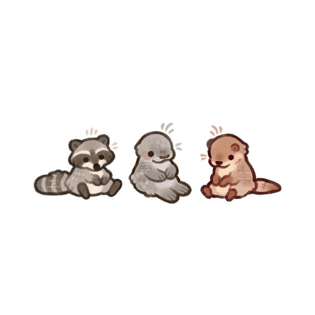 Tiny illustrations of a raccoon, a seal, and an otter sitting politely