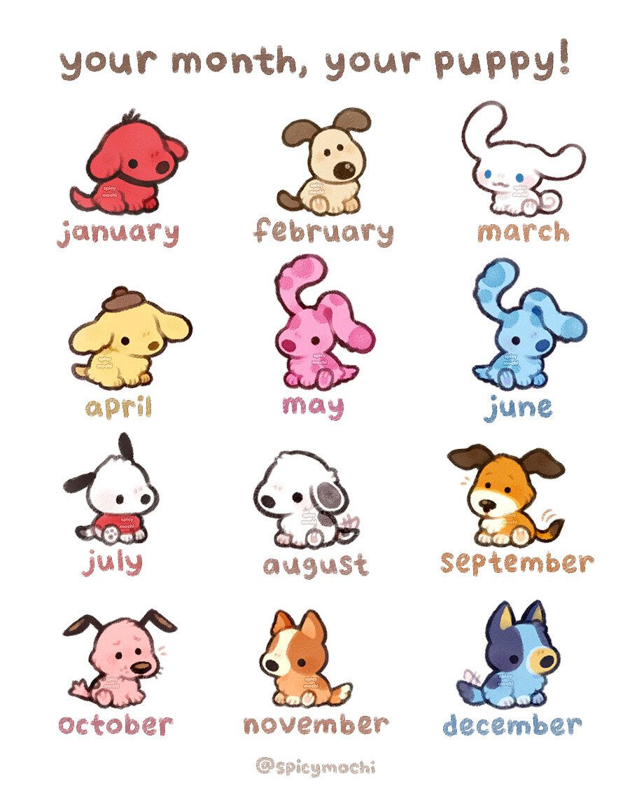 Illustration of twelve cartoon puppies.