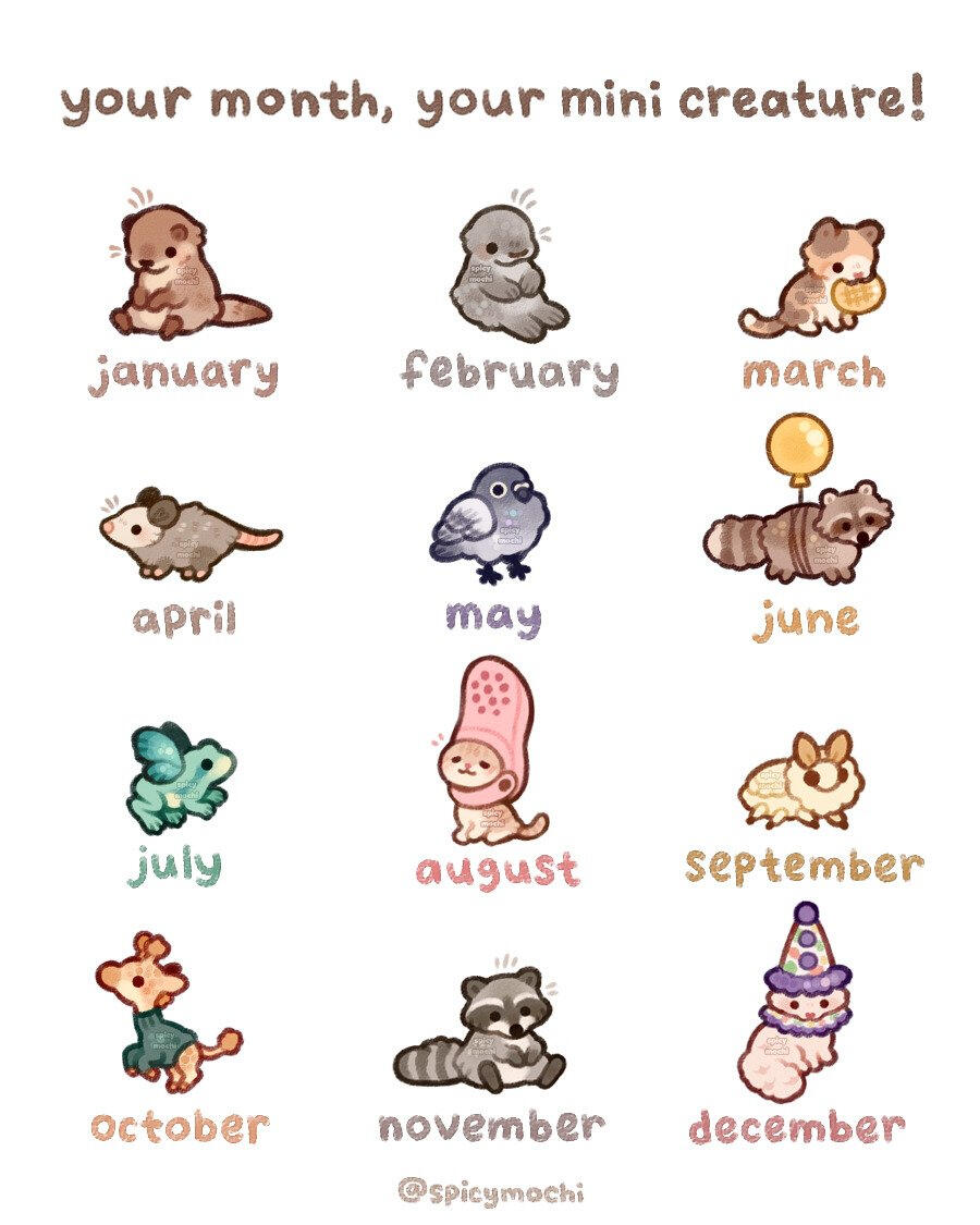 Illustration of twelve tiny animals.