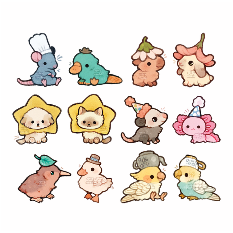 A various animals wearing hats